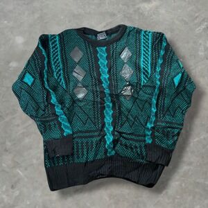 Vintage Barnaby Mens Large Teal Black Geometric Sweater 90s‎ Retro Grunge